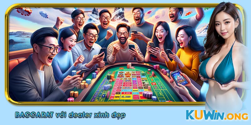 Bàn Baccarat Kuwin với dealer xinh đẹp, mang đến không khí casino chân thực.